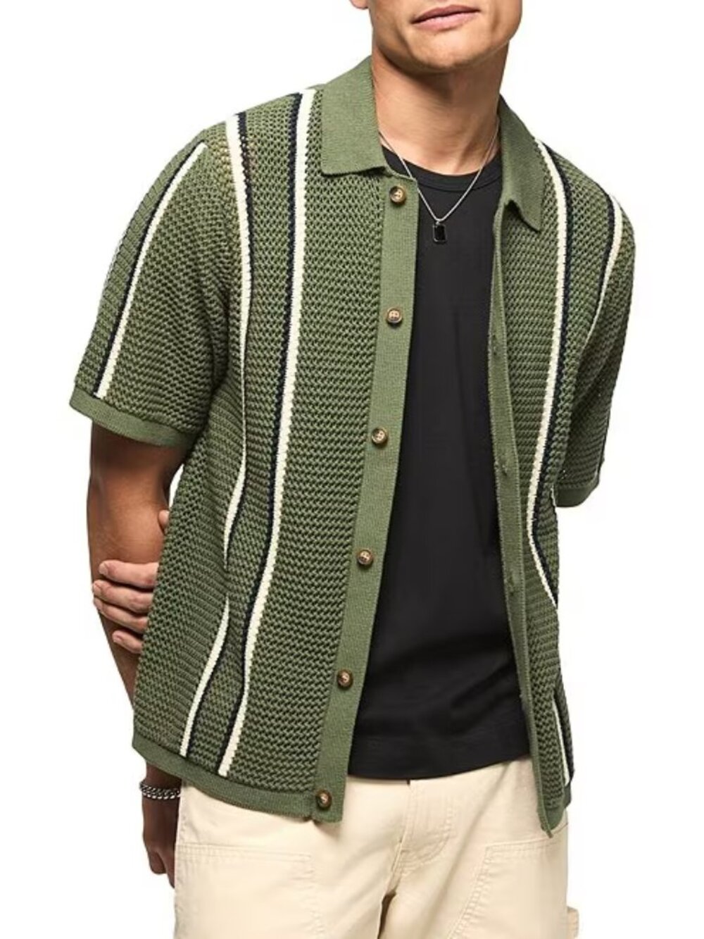 Short Sleeve Striped Button Front Sweater - Size Large - NWT